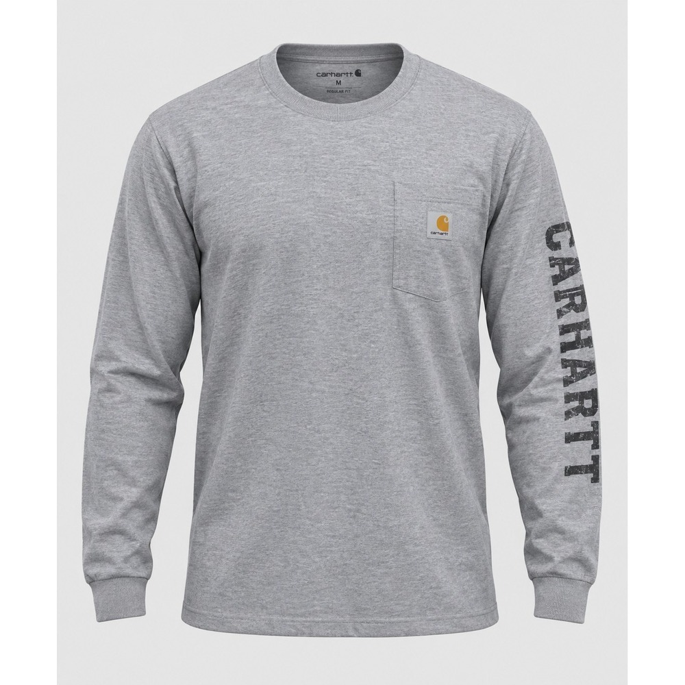 Carhartt Mens L Heather Grey Shirt Signature Long Sleeve Logo Original Fit